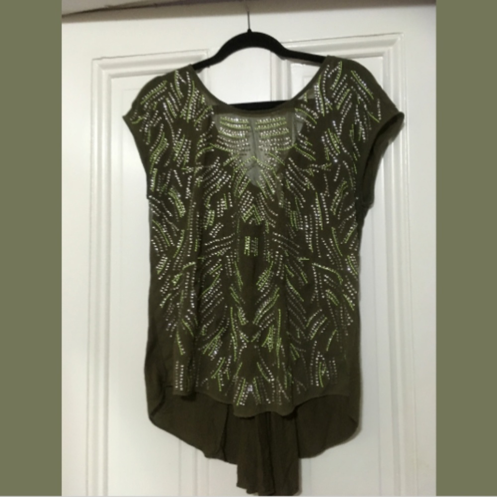 Olive Sheer Front Sequin Top With Drape Back - image 1